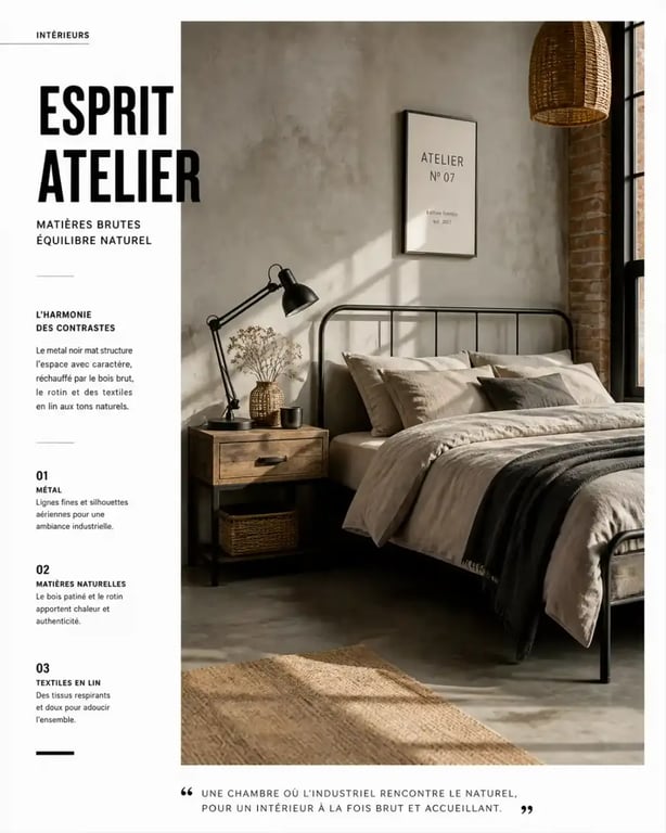 Meuble chambre design industriel avec structure métal noir et bois brut