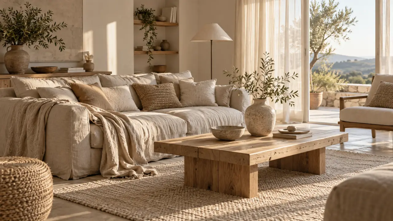 Salon chaleureux avec canapé beige, coussins en lin lavé et lumière douce