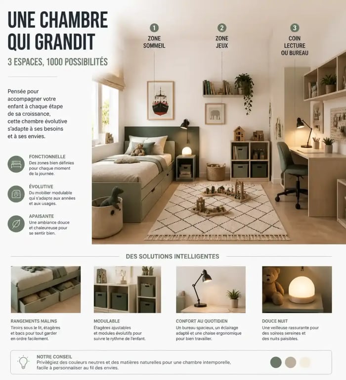 chambre enfant garcon évolutive avec coin lecture bureau et zone jeux