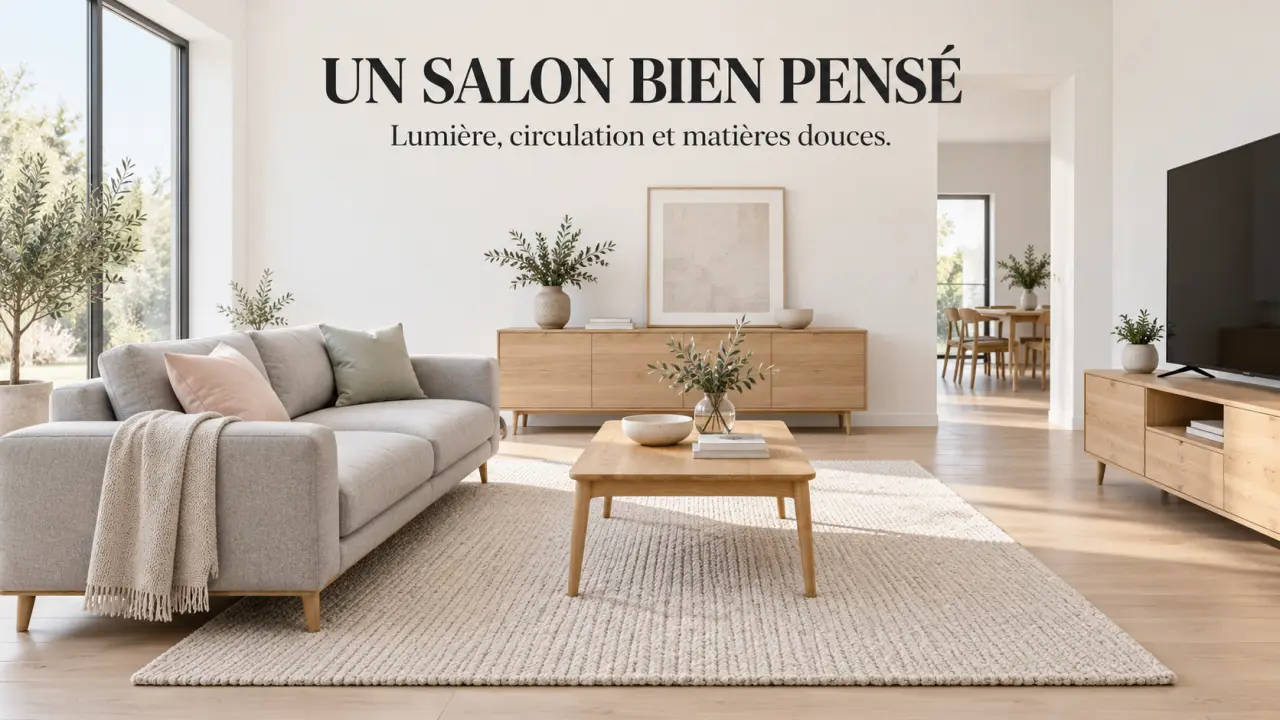 Salon lumineux aménagé avec des meubles scandinaves et des circulations dégagées