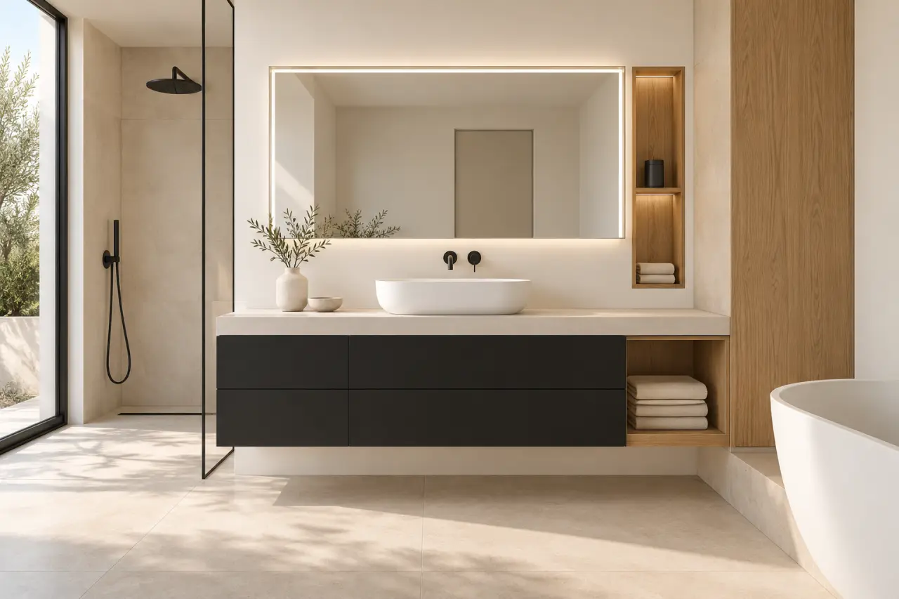 Mise en scène d’un meuble salle de bain noir mat avec vasque blanche, bois clair et éclairage du miroir
